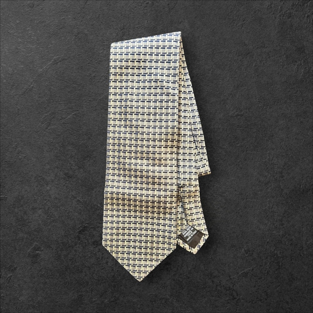 Hugo Boss Mens Silk Geometric Basketweave Necktie Blue Silver